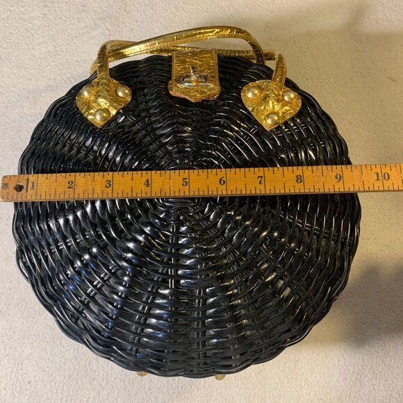 Vintage British Hong Kong Woven Wicker Basket Purse Handbag Black Gold - Picture 10 of 11
